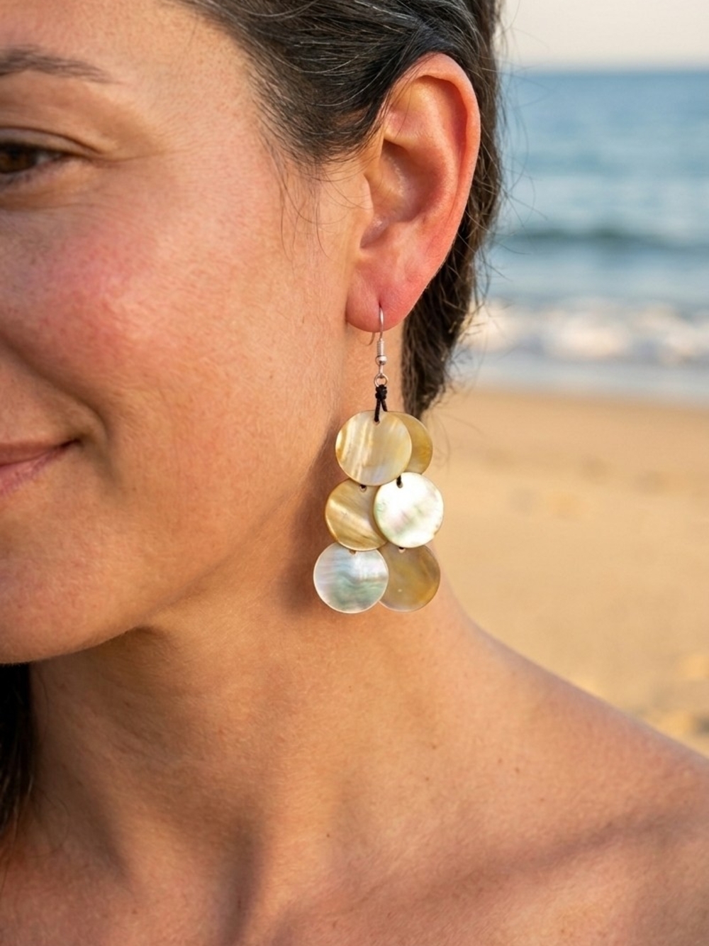 Genuine Shell Jewelry NWT Layered Shell Disc Drop Dangle Earrings Silver-Tone